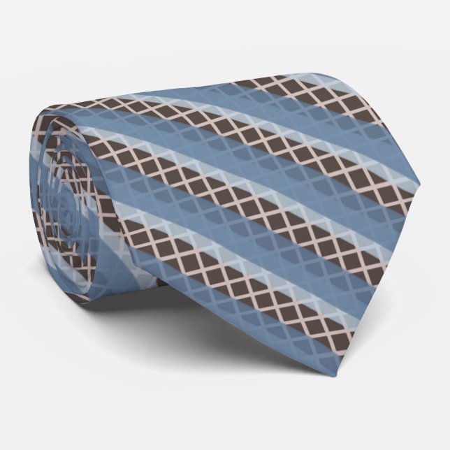 Grayish Blue Stripes On Creamy Tan Grid On Brown   Tie (Rolled)