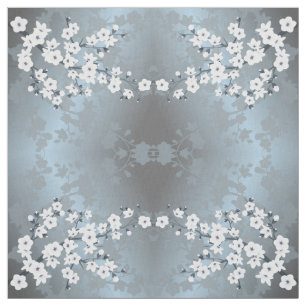 Grayish Blue White Floral Cherry Blossoms Pattern Fabric