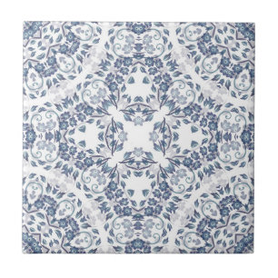 Grayish Blue White Floral Mandala Tile