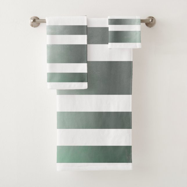 Grayish green White rustic striped Bath Towel Set (Insitu)