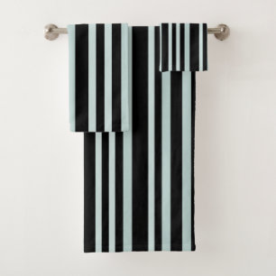 Grayish Grey Green Line Stripes On Black  Bath Towel Set