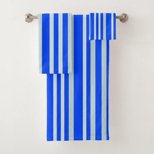Grayish Grey Green Line Stripes On Blue  Bath Towel Set (Insitu)