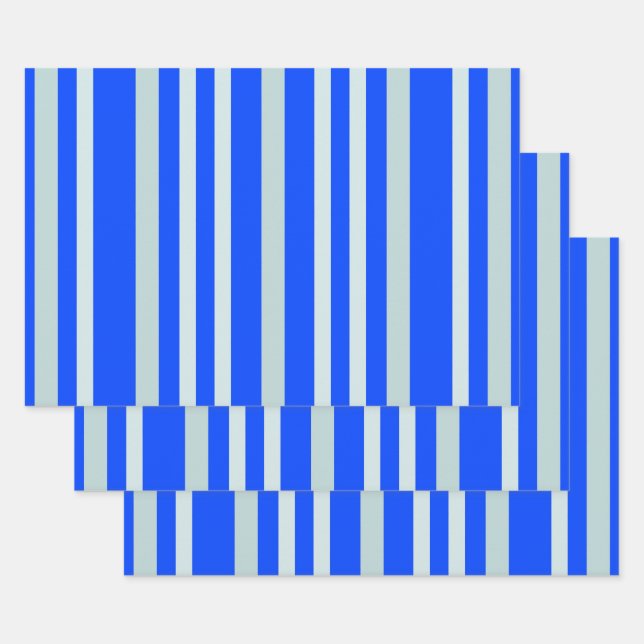 Grayish Grey Green Line Stripes On Blue  Wrapping Paper Sheet (Set)