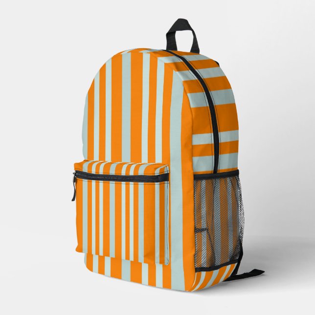 Grayish Grey Green Line Stripes On Orange  Printed Backpack (Back Corner Right)