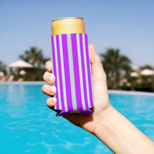 Grayish Grey Green Line Stripes On Pretty Purple  Seltzer Can Cooler