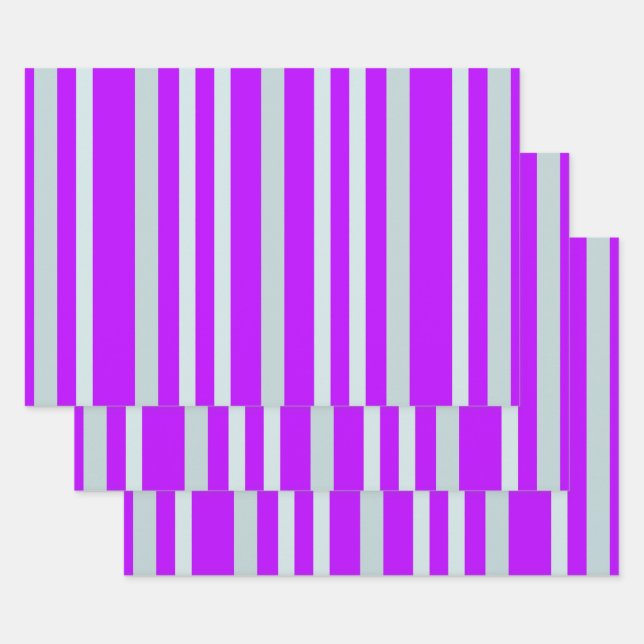 Grayish Grey Green Line Stripes On Pretty Purple  Wrapping Paper Sheet (Set)