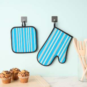 Grayish Grey Green Line Stripes On Sky Blue  Oven Mitt & Pot Holder Set