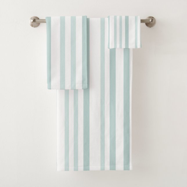 Grayish Grey Green Line Stripes On White Bath Towel Set (Insitu)