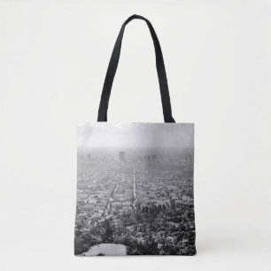 GRAYSCALE AERIAL PHOTO OF CITY TOTE BAG