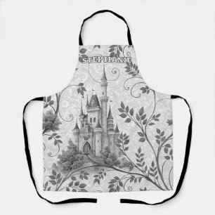 Grayscale Fairytale Castle with Ornate Vine Border Apron