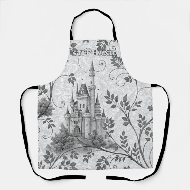 Grayscale Fairytale Castle with Ornate Vine Border Apron (Front)