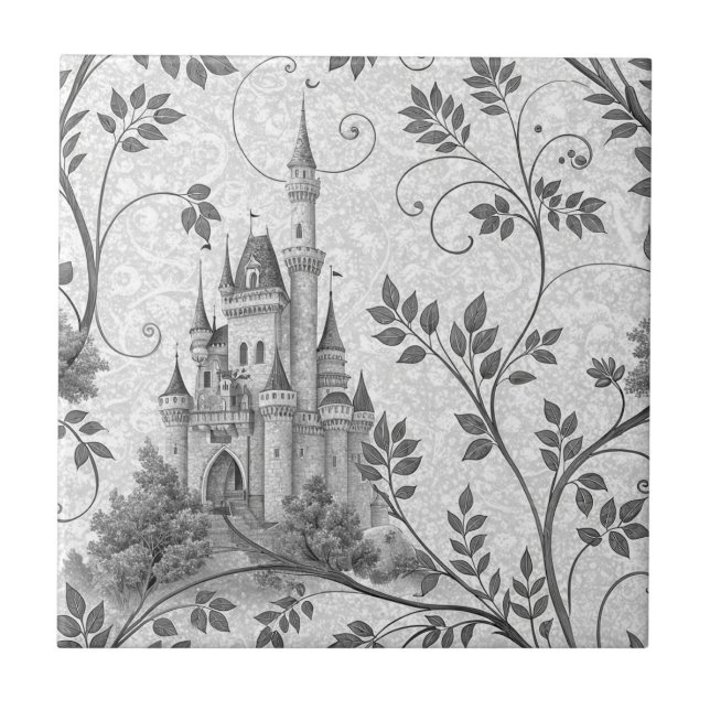 Grayscale Fairytale Castle with Ornate Vine Border Ceramic Tile (Front)