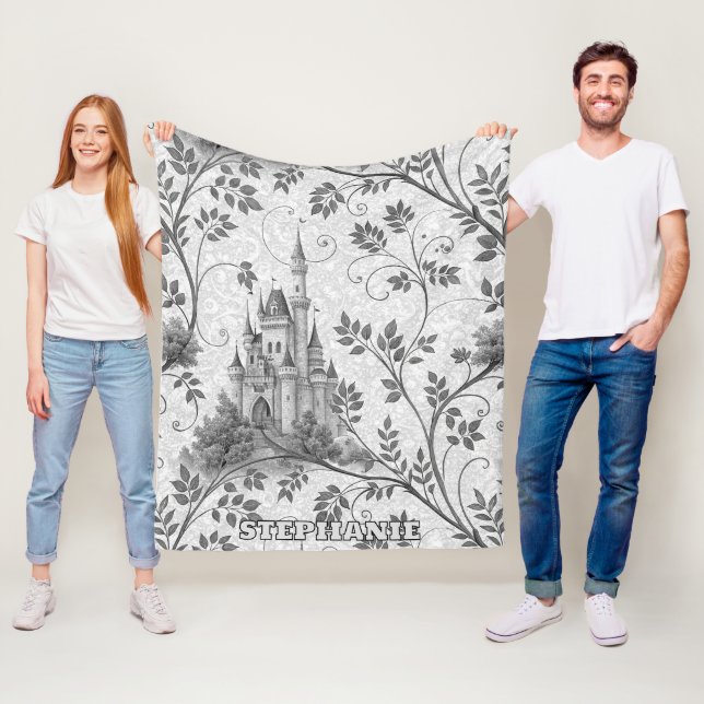 Grayscale Fairytale Castle with Ornate Vine Border Fleece Blanket (In Situ)