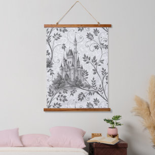 Grayscale Fairytale Castle with Ornate Vine Border Hanging Tapestry