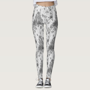 Grayscale Fairytale Castle with Ornate Vine Border Leggings
