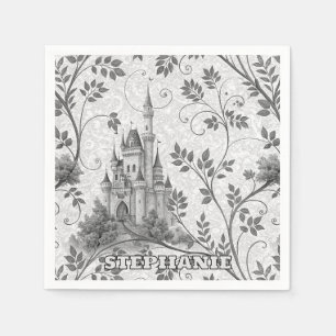 Grayscale Fairytale Castle with Ornate Vine Border Napkin