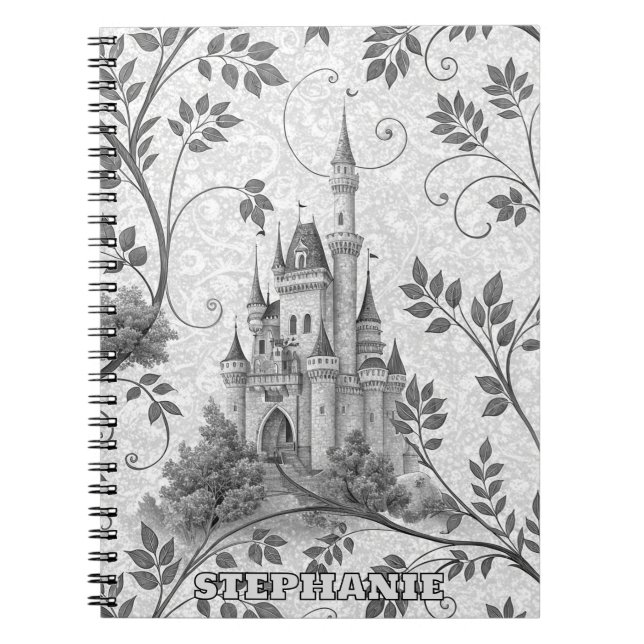 Grayscale Fairytale Castle with Ornate Vine Border Notebook (Front)