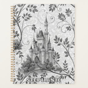 Grayscale Fairytale Castle with Ornate Vine Border Planner