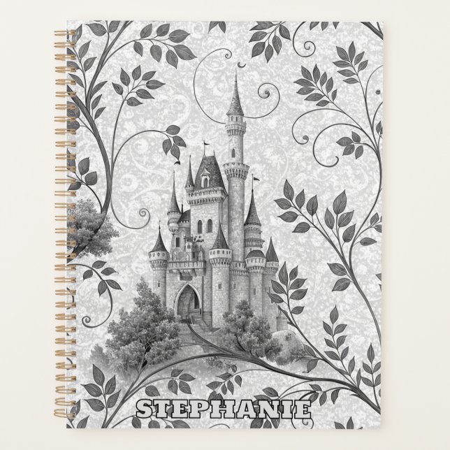 Grayscale Fairytale Castle with Ornate Vine Border Planner (Front)