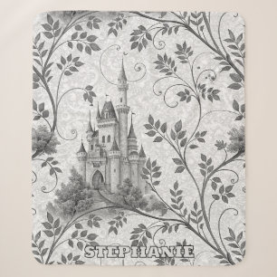 Grayscale Fairytale Castle with Ornate Vine Border Sherpa Blanket