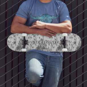 Grayscale Fairytale Castle with Ornate Vine Border Skateboard