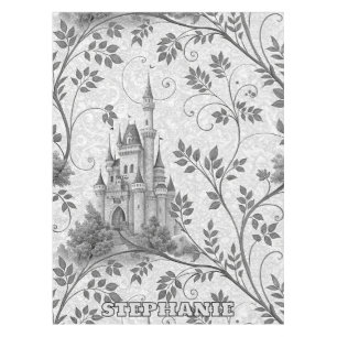 Grayscale Fairytale Castle with Ornate Vine Border Tablecloth