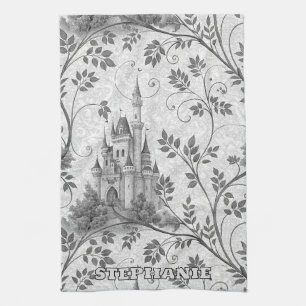 Grayscale Fairytale Castle with Ornate Vine Border Tea Towel