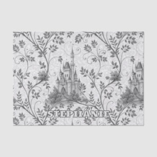 Grayscale Fairytale Castle with Ornate Vine Border Tissue Paper