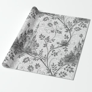 Grayscale Fairytale Castle with Ornate Vine Border Wrapping Paper