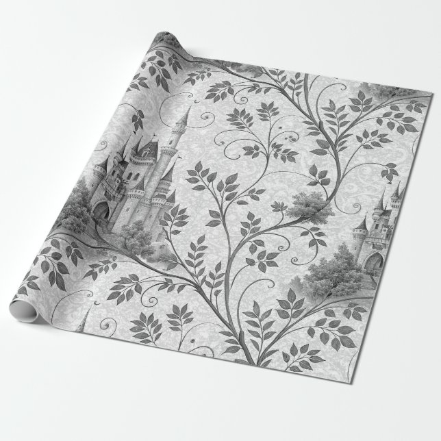 Grayscale Fairytale Castle with Ornate Vine Border Wrapping Paper (Unrolled)