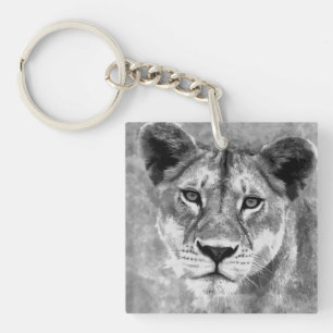 Grayscale Female Lion Digital Art Key Ring