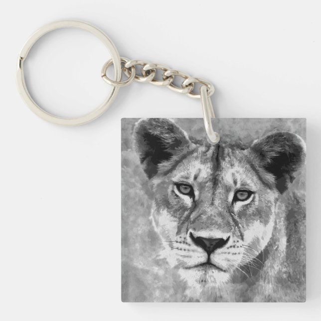 Grayscale Female Lion Digital Art Key Ring (Front)