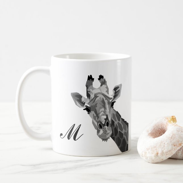 Grayscale Giraffe Pop Art Monogram Coffee Mug (With Donut)