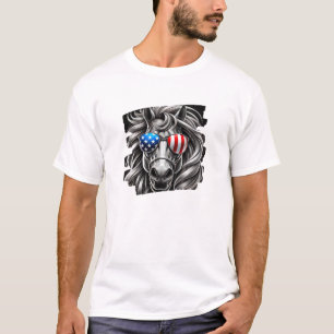 Grayscale Horse Art with American Flag Sunglasses T-Shirt