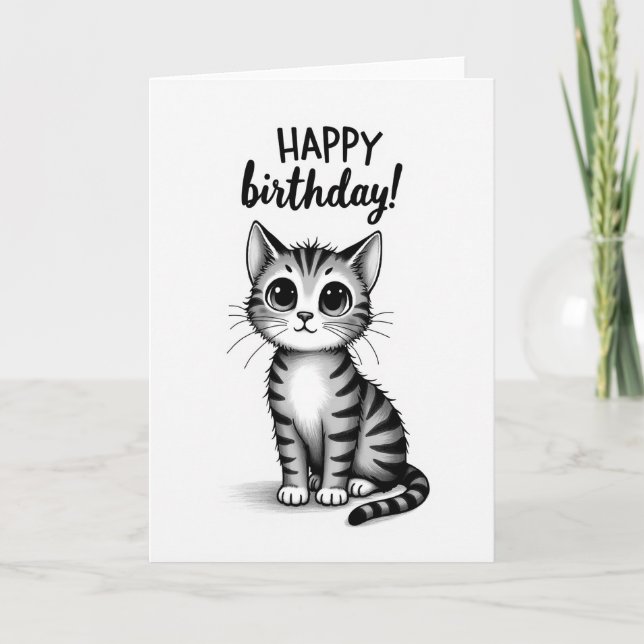 Grayscale Kitten Birthday Card (Front)