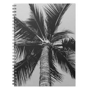 GRAYSCALE LOW ANGLE PHOTOGRAPHY OF COCONUT PALM TR NOTEBOOK