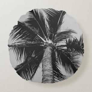 GRAYSCALE LOW ANGLE PHOTOGRAPHY OF COCONUT PALM TR ROUND CUSHION