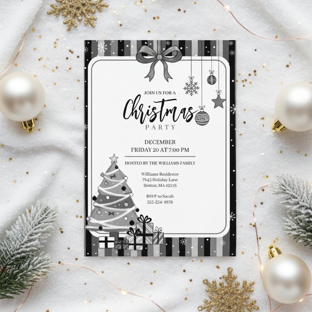 Grayscale Modern Christmas Tree Invitation (Minimalist Christmas Design)