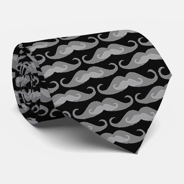 Grayscale Moustache Pattern | Black Background Tie (Rolled)