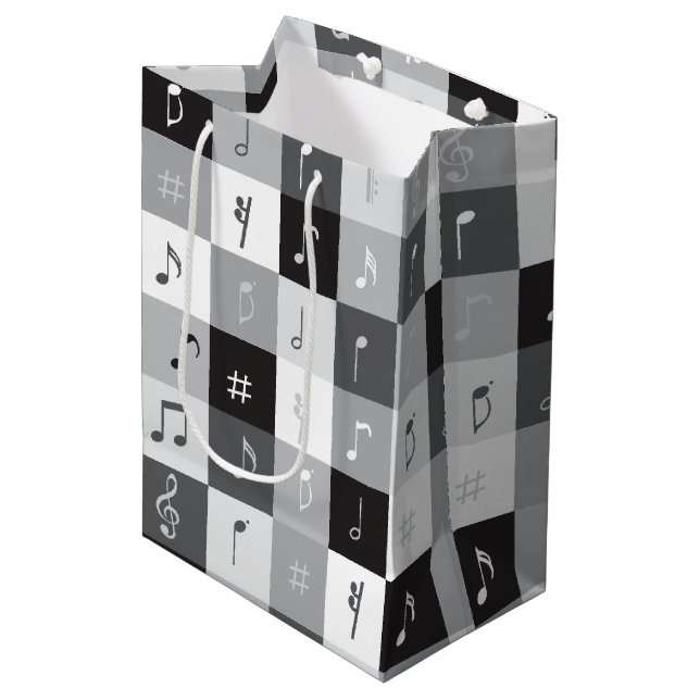 Grayscale music notes pattern medium gift bag (Front Angled)