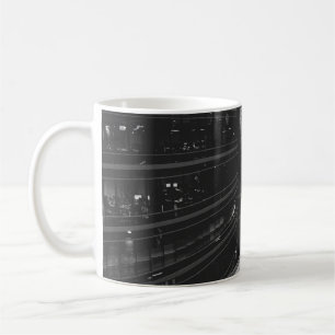 GRAYSCALE PHOTO OF CITY COFFEE MUG