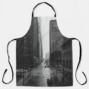 GRAYSCALE PHOTO OF CITY STREET APRON