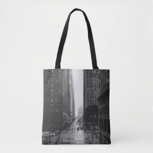 GRAYSCALE PHOTO OF CITY STREET TOTE BAG