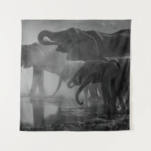GRAYSCALE PHOTO OF ELEPHANTS DRINKING WATER TAPESTRY
