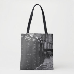 GRAYSCALE PHOTO OF FOUR TELEPHONE BOOTHS LINED UP TOTE BAG