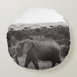 GRAYSCALE PHOTO OF GRAY ELEPHANT NEAR TREES ROUND CUSHION