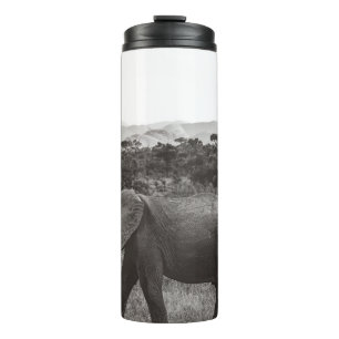 GRAYSCALE PHOTO OF GRAY ELEPHANT NEAR TREES THERMAL TUMBLER