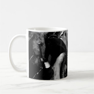GRAYSCALE PHOTO OF MEN STANDING BESIDE 60163 TRAIN COFFEE MUG