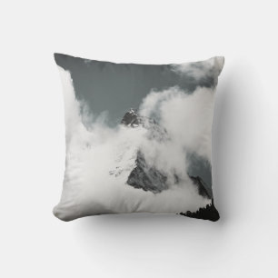 GRAYSCALE PHOTO OF MOUNTAIN COVERED IN CLOUDS CUSHION