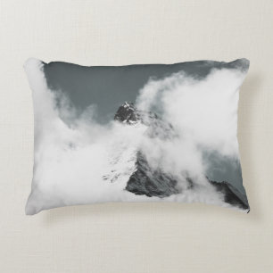 GRAYSCALE PHOTO OF MOUNTAIN COVERED IN CLOUDS DECORATIVE CUSHION